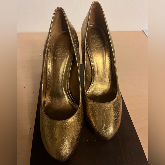 Tory Burch Bronze Crackle Leather Platform Pumps Heels Leather 4 1/4” 9 Jenna - Picture 6 of 6